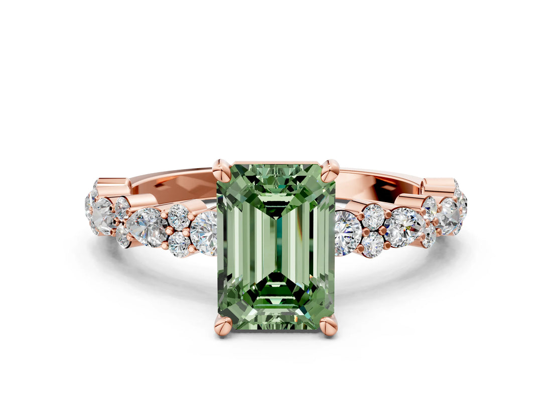 Rose gold Fancy Green Emerald Cut Diamond Solitaire with Side Stones, Pave Band, Four-Prong Setting_78