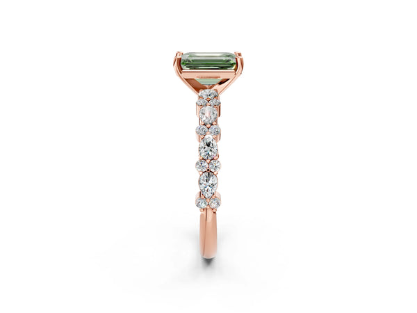 Rose Gold Emerald Cut Pear Side Stone Engagement Ring Setting for Fancy Green Center