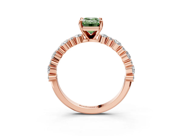 Rose Gold Emerald Cut Pear Side Stone Engagement Ring Setting for Fancy Green Center