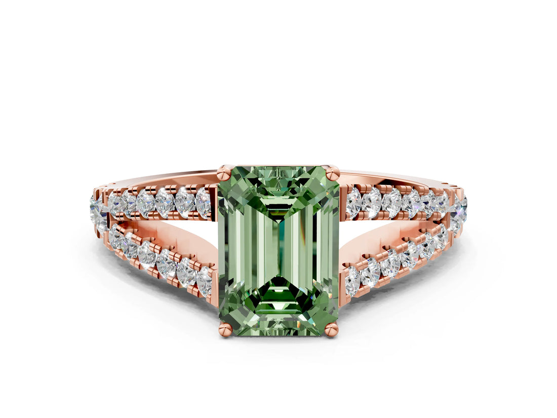 Rose gold Fancy Green Emerald Cut Diamond Split Shank Pavé Engagement Ring with Four-Prong Setting_74