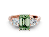 Rose gold Fancy Green Emerald Cut Diamond Three-Stone Engagement Ring with Prong Setting and Pavé Band