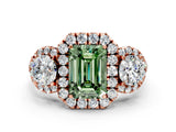 Rose gold Fancy Green Emerald Cut Diamond Three-Stone Halo Ring with Prong Setting and Pavé Accents