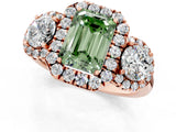 Rose gold Fancy Green Emerald Cut Diamond Three-Stone Halo Ring with Prong Setting and Pavé Accents_1