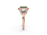 Rose gold Fancy Green Emerald Cut Diamond Three-Stone Halo Ring with Prong Setting and Pavé Accents_2