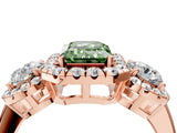 Rose gold Fancy Green Emerald Cut Diamond Three-Stone Halo Ring with Prong Setting and Pavé Accents_4
