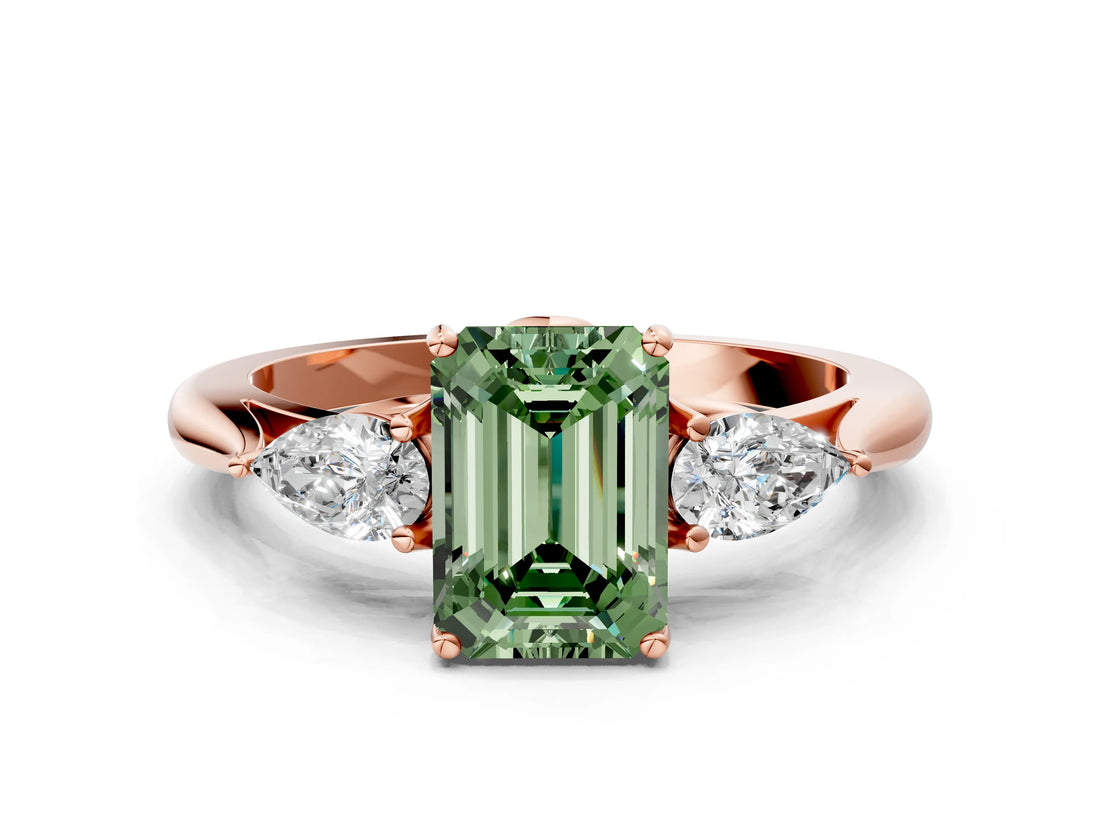 Rose gold Fancy Green Emerald Cut Diamond Three-Stone Ring with Pear Side Stones and Four-Prong Setting_60