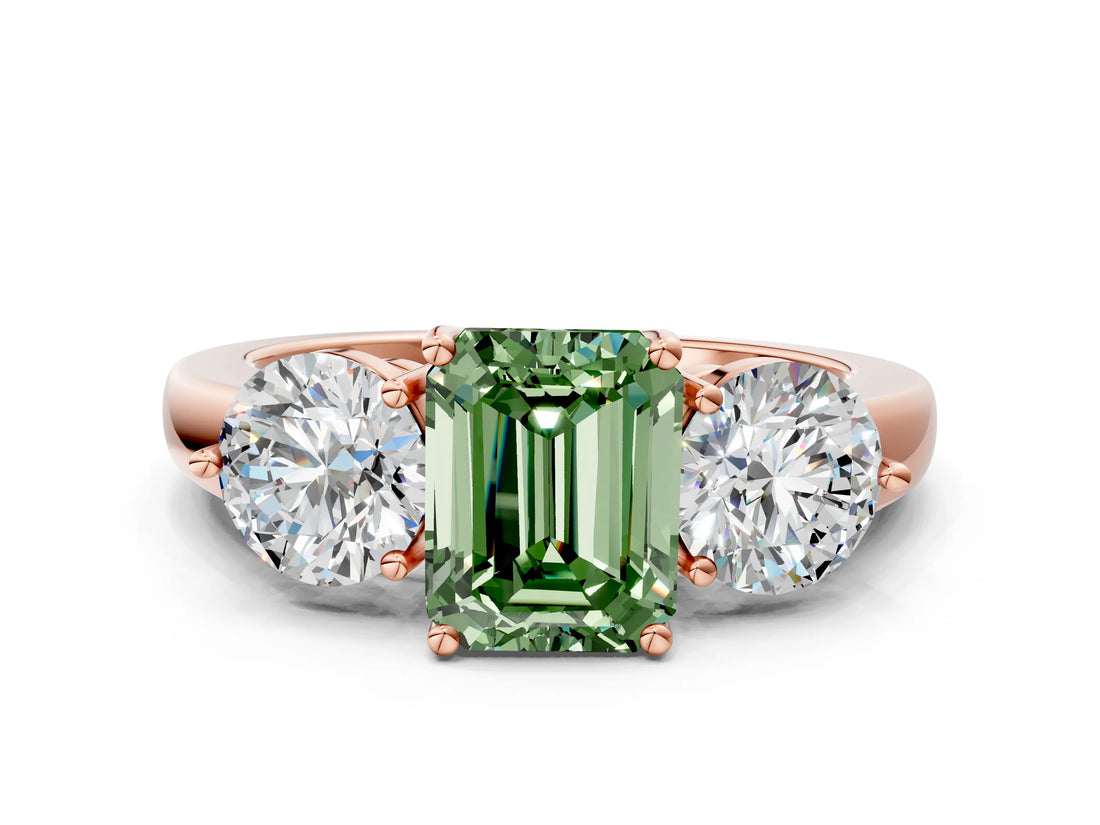 Rose gold Fancy Green Emerald Cut Diamond Three-Stone Ring with Prong Setting and Classic Band_109