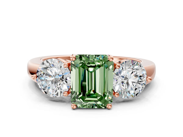 Rose gold Fancy Green Emerald Cut Diamond Three-Stone Ring with Prong Setting and Classic Band