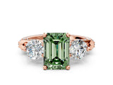 Rose gold Fancy Green Emerald Cut Diamond Three-Stone Ring with Prong Setting and Pavé Band
