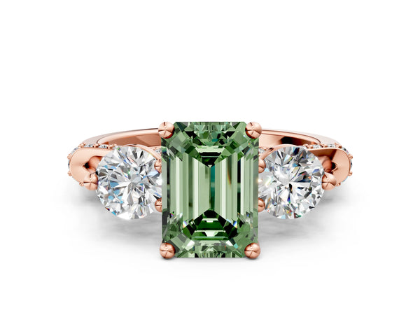 Rose Gold Emerald Cut Curved Pave Three Stone Engagement Ring Setting for Fancy Green Center