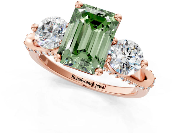 Rose Gold Emerald Cut Curved Pave Three Stone Engagement Ring Setting for Fancy Green Center