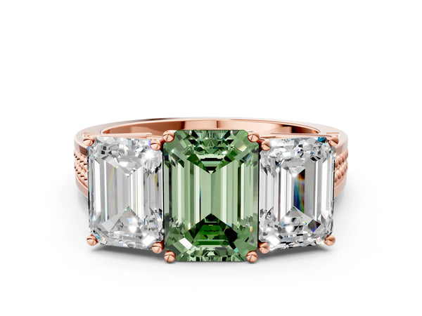 Rose gold Fancy Green Emerald Cut Diamond Three-Stone Ring with Prong Setting and Textured Band