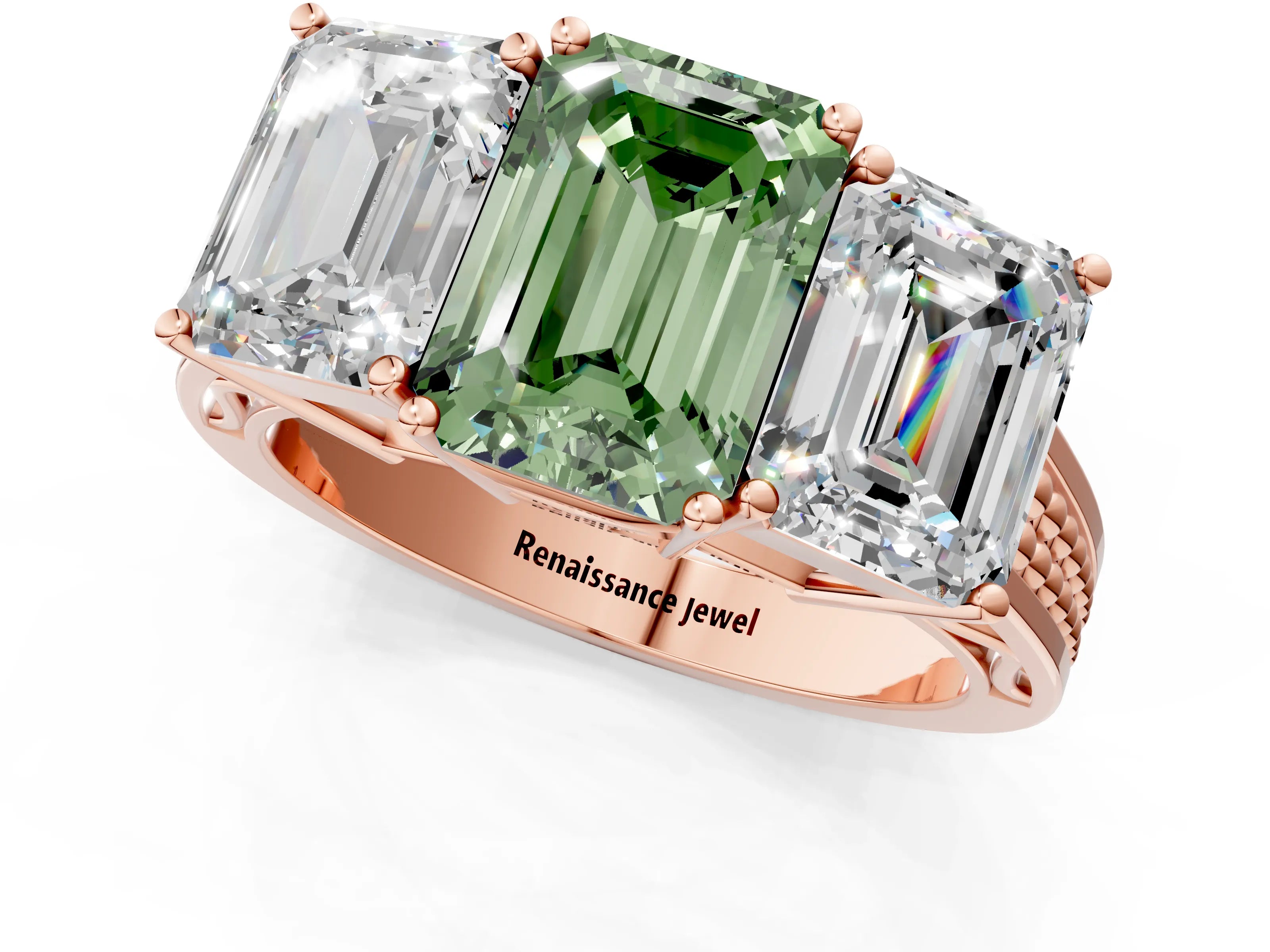 Rose gold Fancy Green Emerald Cut Diamond Three-Stone Ring with Prong Setting and Textured Band_1