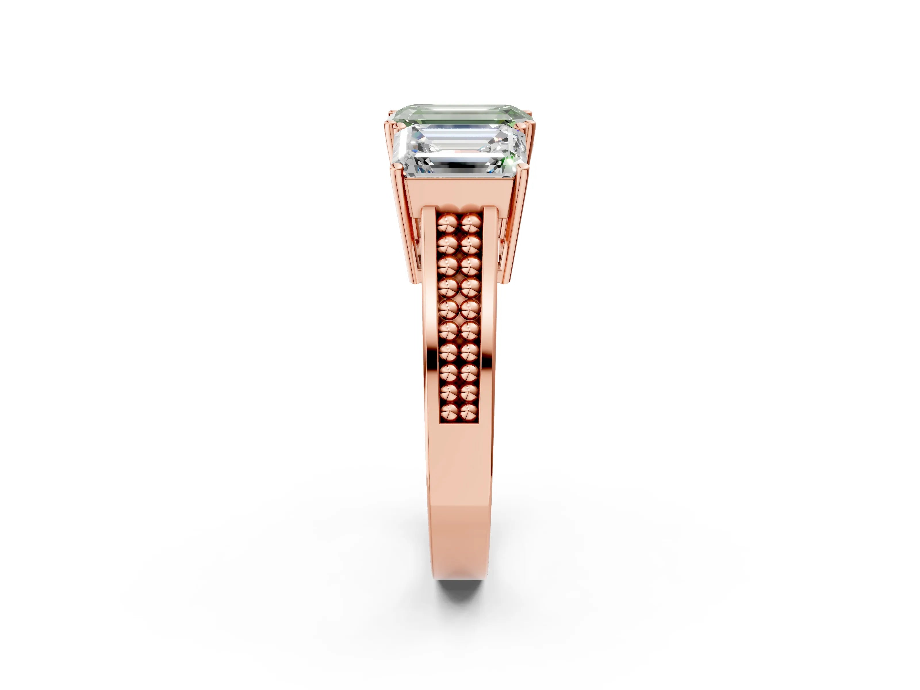 Rose gold Fancy Green Emerald Cut Diamond Three-Stone Ring with Prong Setting and Textured Band_2