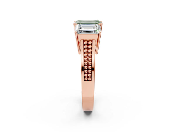 Rose gold Fancy Green Emerald Cut Diamond Three-Stone Ring with Prong Setting and Textured Band