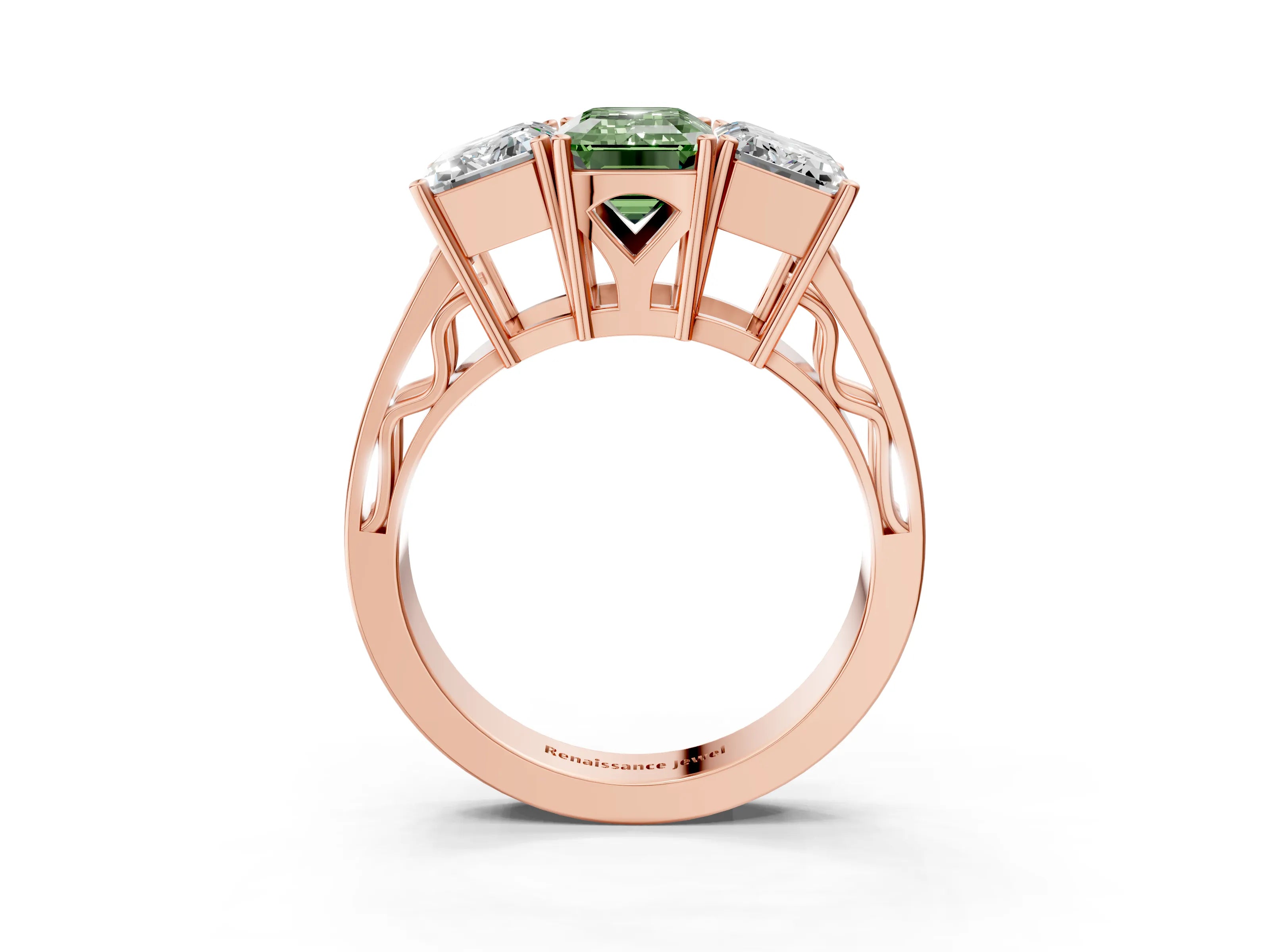 Rose gold Fancy Green Emerald Cut Diamond Three-Stone Ring with Prong Setting and Textured Band_3