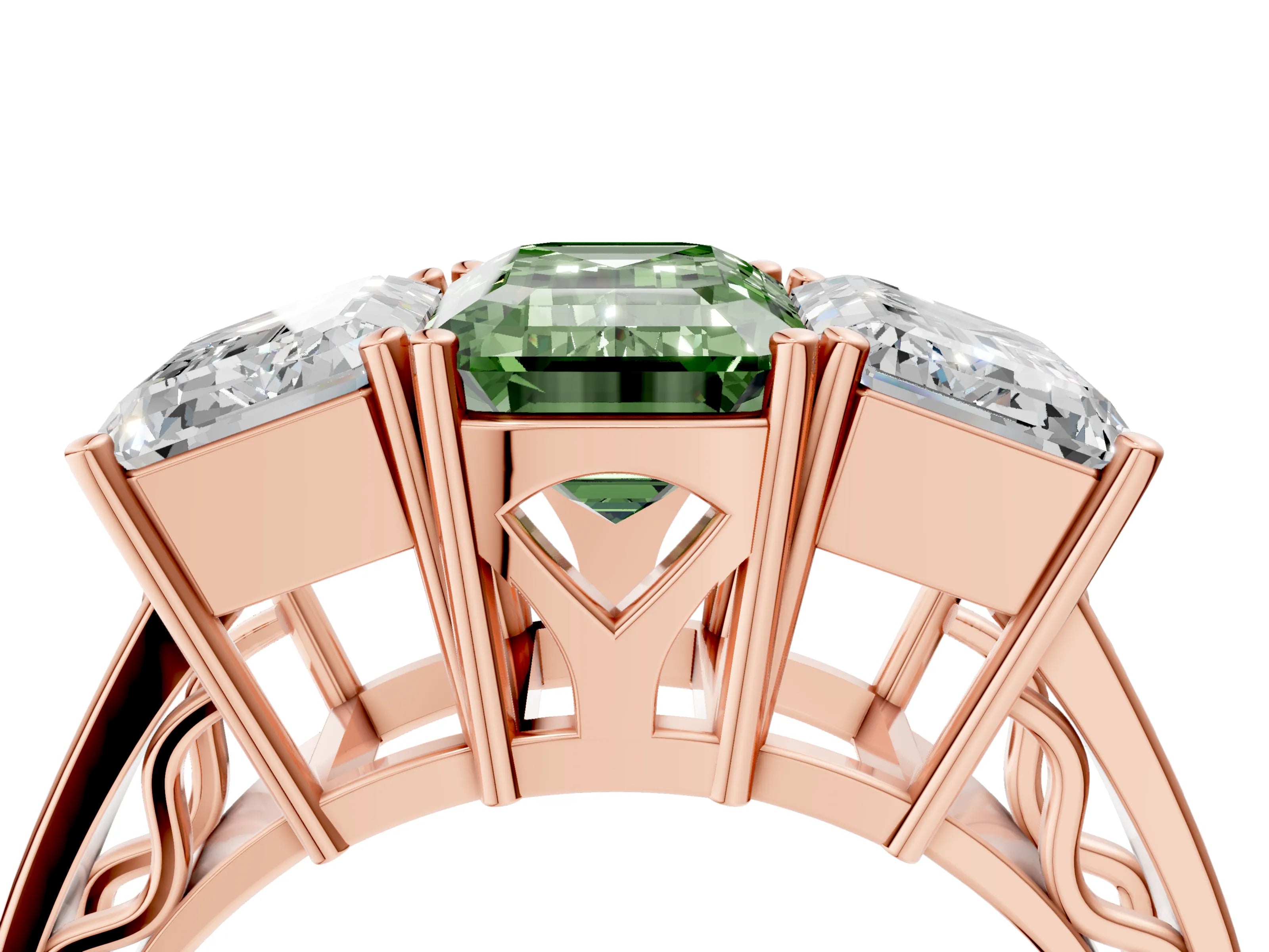 Rose gold Fancy Green Emerald Cut Diamond Three-Stone Ring with Prong Setting and Textured Band_4