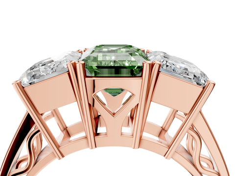 Rose gold Fancy Green Emerald Cut Diamond Three-Stone Ring with Prong Setting and Textured Band_4