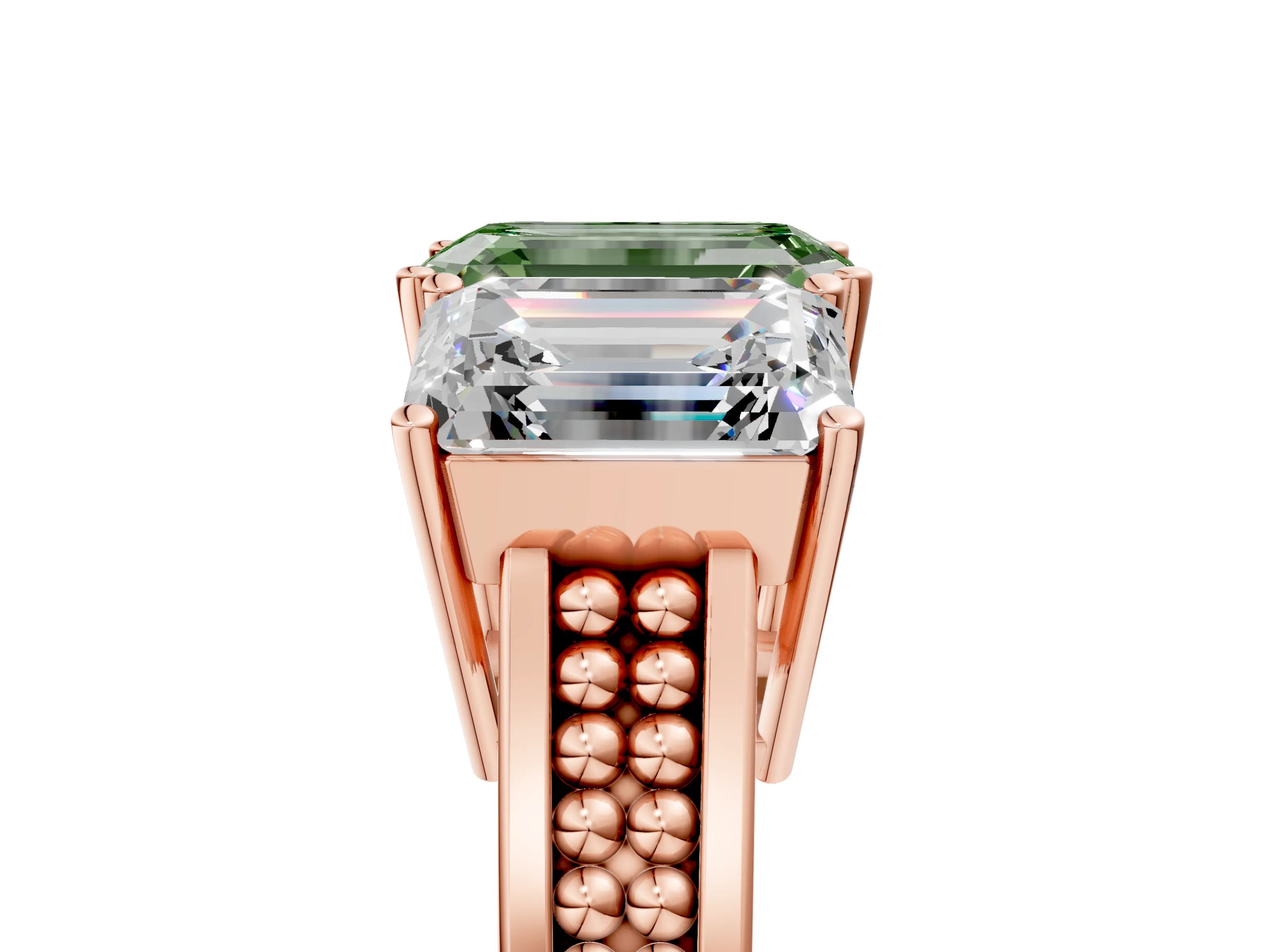 Rose gold Fancy Green Emerald Cut Diamond Three-Stone Ring with Prong Setting and Textured Band_5