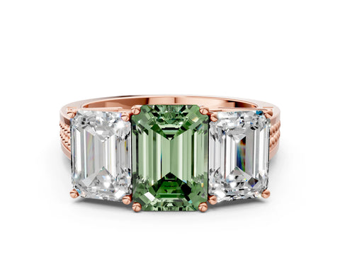 Rose gold Fancy Green Emerald Cut Diamond Three-Stone Ring with Prong Setting and Textured Band