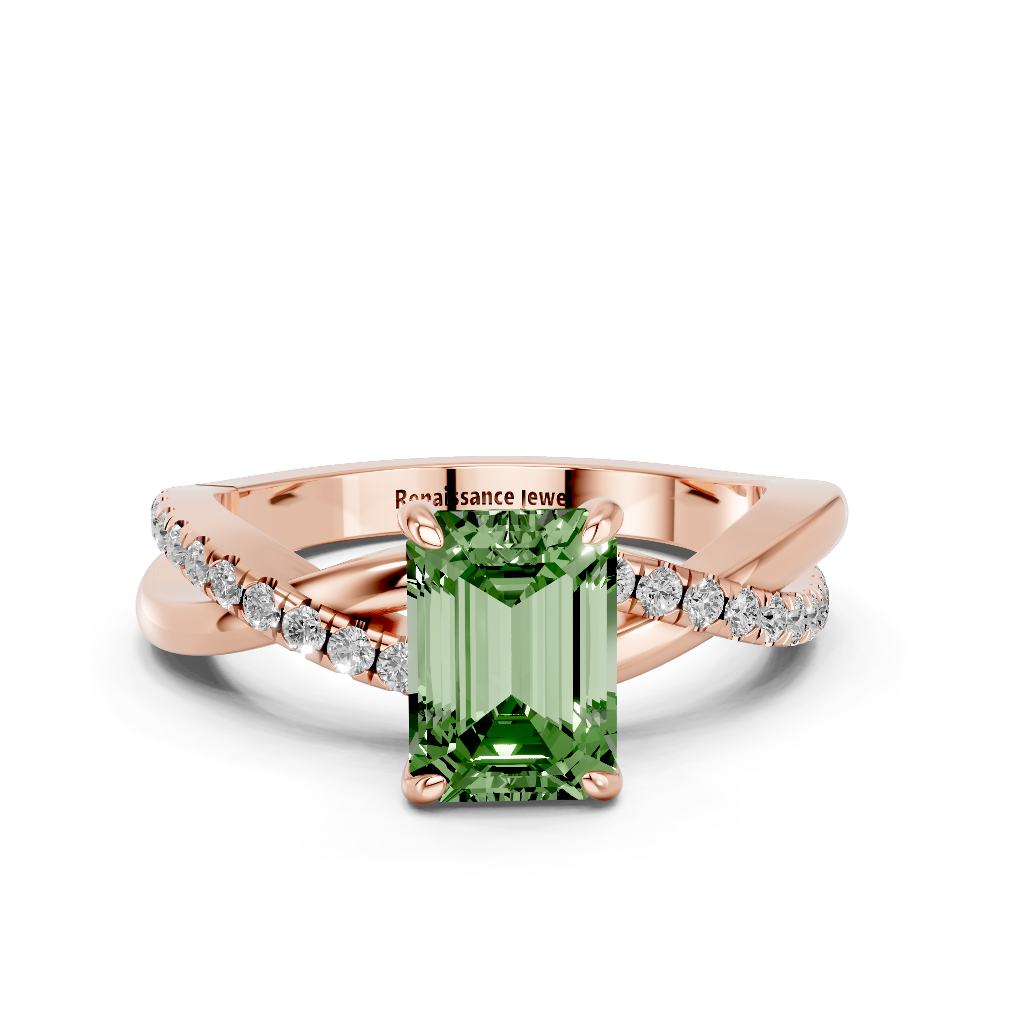 Rose gold Fancy Green Emerald  Cut Diamond Twist Band Solitaire with Prong Setting_10