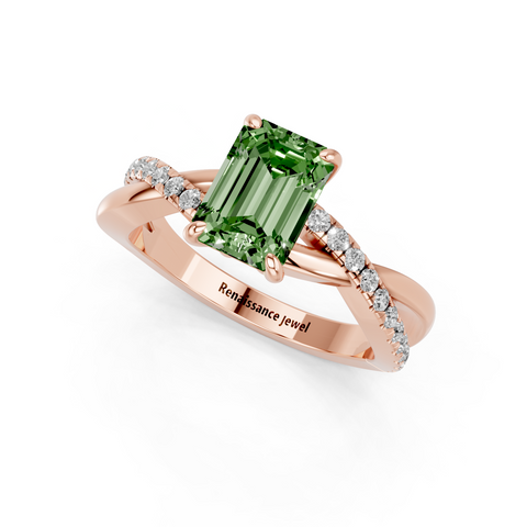 Rose gold Fancy Green Emerald  Cut Diamond Twist Band Solitaire with Prong Setting_3