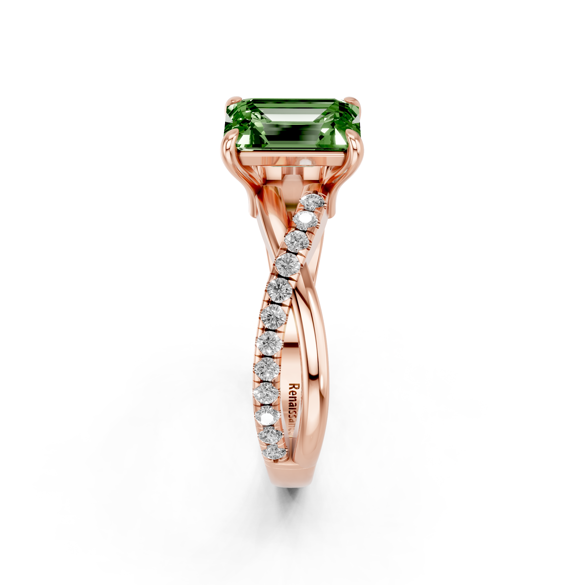Rose gold Fancy Green Emerald  Cut Diamond Twist Band Solitaire with Prong Setting_4