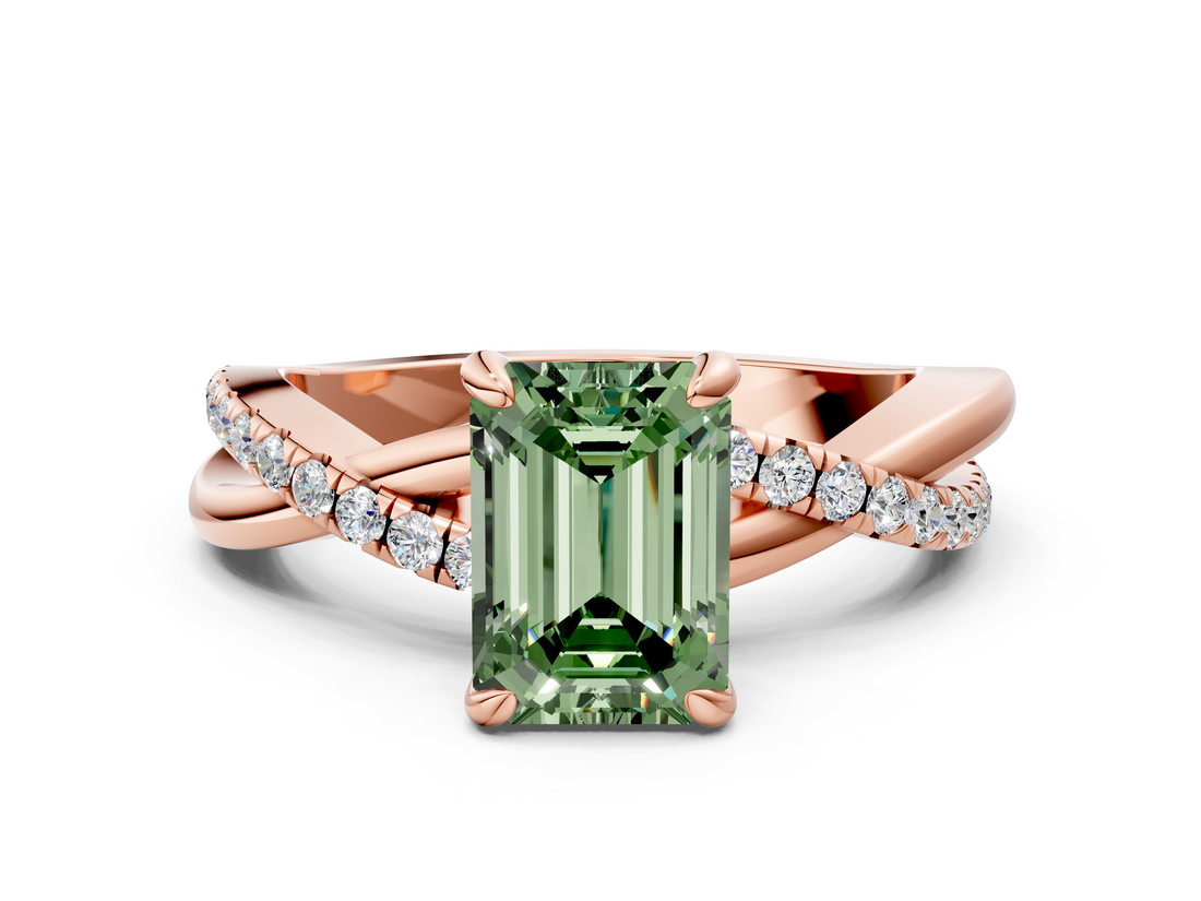 Rose gold Fancy Green Emerald  Cut Diamond Twist Band Solitaire with Prong Setting_66