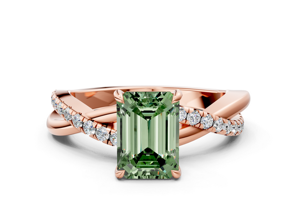 Rose gold Fancy Green Emerald  Cut Diamond Twisted Band with Pavé Setting and Four-Prong Setting
