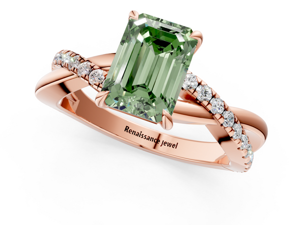 Rose gold Fancy Green Emerald  Cut Diamond Twisted Band with Pavé Setting and Four-Prong Setting