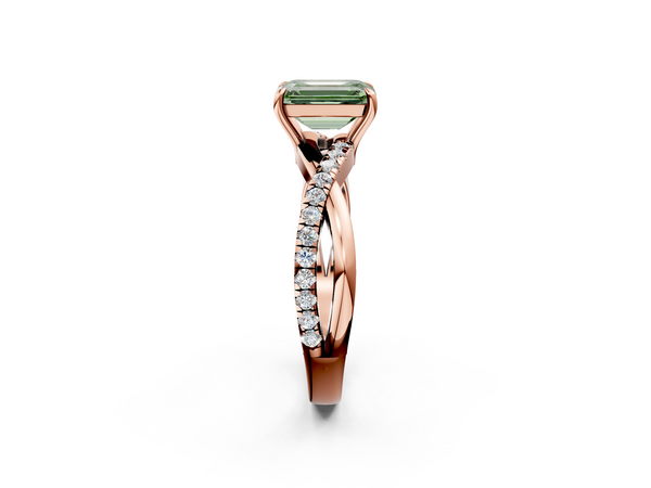 Rose gold Fancy Green Emerald  Cut Diamond Twisted Band with Pavé Setting and Four-Prong Setting