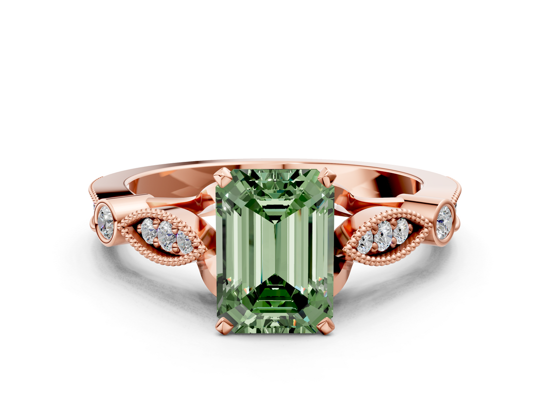 Rose gold Fancy Green Emerald  Cut Diamond with Milgrain Marquise and Bezel Accents on a Solitaire Band with Prong Setting_221