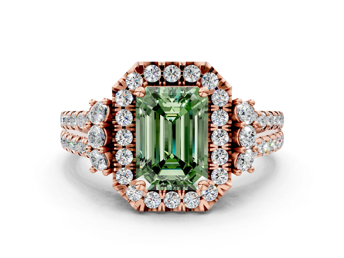 Rose gold Fancy Green Emerald  Cut Double Halo Diamond Engagement Ring with Pave Band and Four-Prong Setting