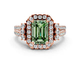 Rose gold Fancy Green Emerald  Cut Double Halo Diamond Engagement Ring with Pave Band and Four-Prong Setting