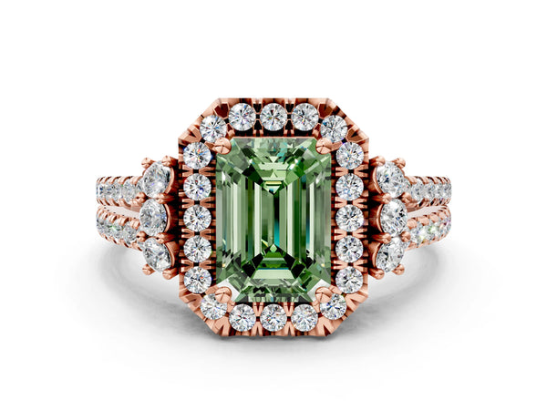 Rose gold Fancy Green Emerald  Cut Double Halo Diamond Engagement Ring with Pave Band and Four-Prong Setting