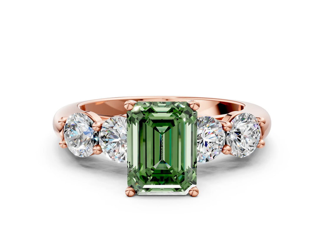 Rose gold Fancy Green Emerald  Cut Five-Stone Prong Set Diamond Ring with Classic Band_32
