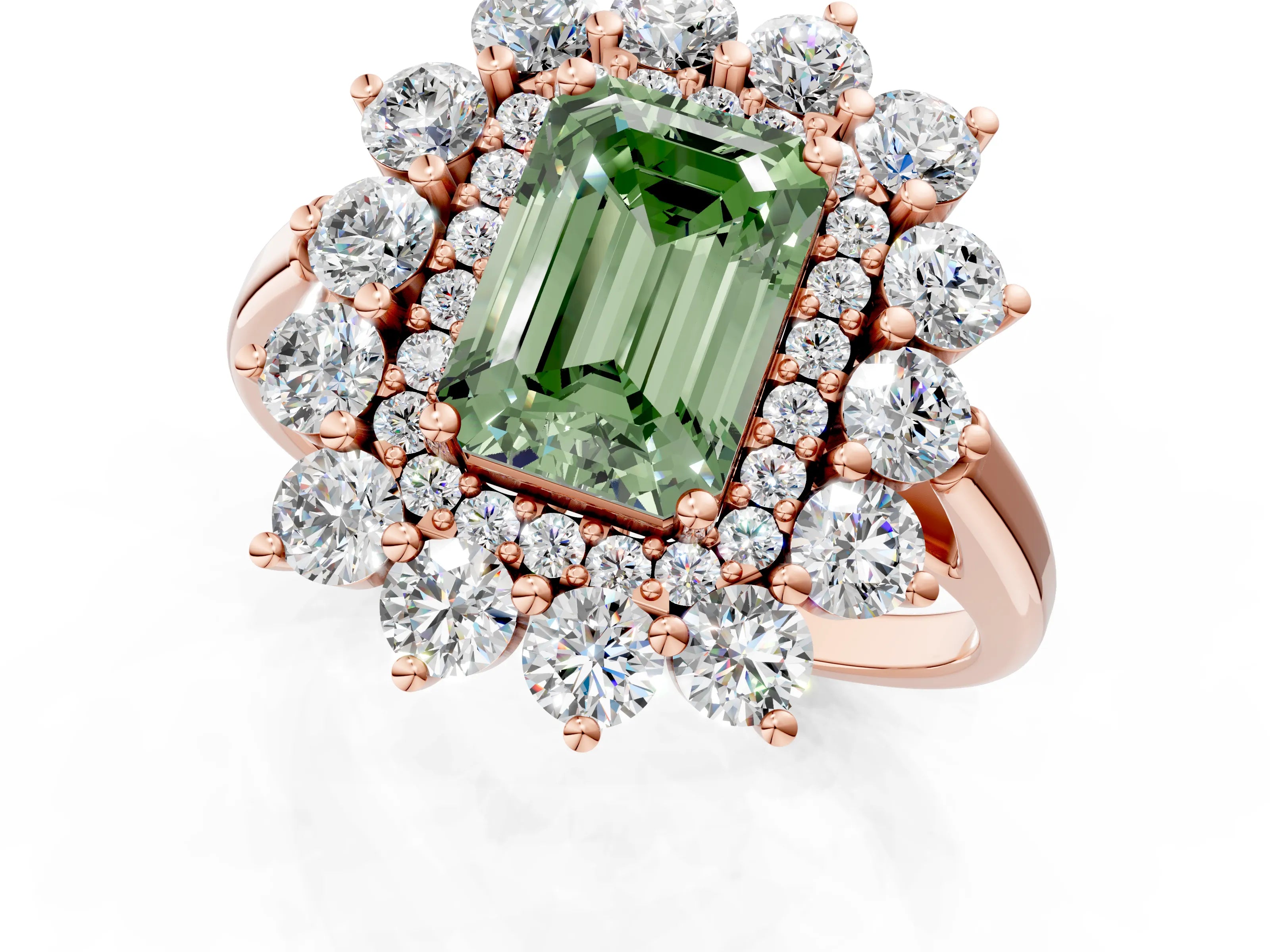 Rose gold Fancy Green Emerald Cut Halo Cluster Diamond Ring with Pave Band and Four-Prong Setting_1