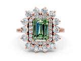 Rose gold Fancy Green Emerald Cut Halo Cluster Diamond Ring with Pave Band and Four-Prong Setting_12