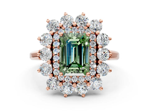 Rose gold Fancy Green Emerald Cut Halo Cluster Diamond Ring with Pave Band and Four-Prong Setting_12