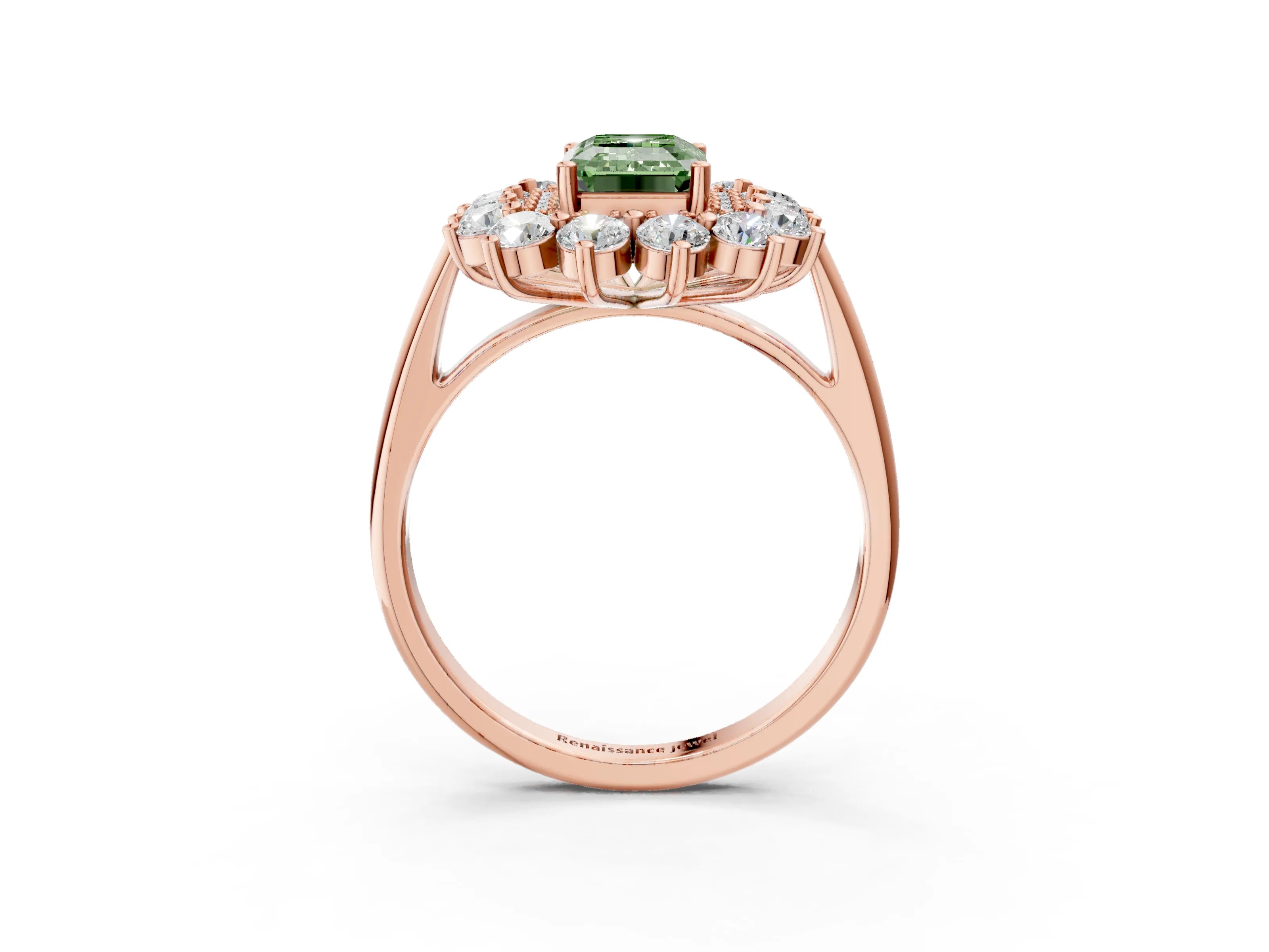Rose gold Fancy Green Emerald Cut Halo Cluster Diamond Ring with Pave Band and Four-Prong Setting_15