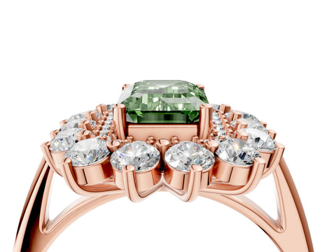 Rose gold Fancy Green Emerald Cut Halo Cluster Diamond Ring with Pave Band and Four-Prong Setting_16