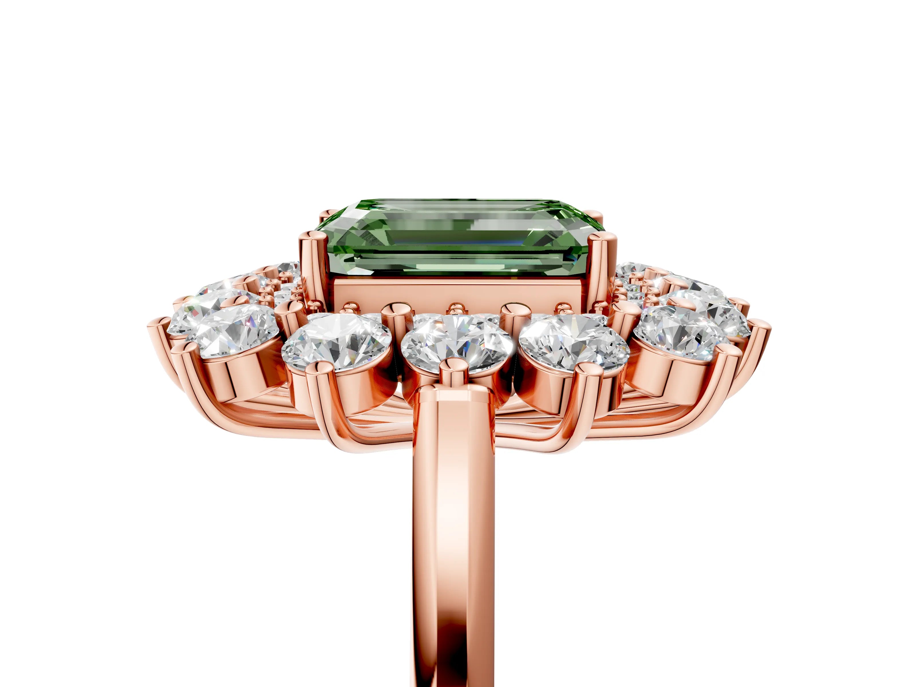 Rose gold Fancy Green Emerald Cut Halo Cluster Diamond Ring with Pave Band and Four-Prong Setting_17