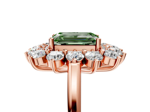 Rose gold Fancy Green Emerald Cut Halo Cluster Diamond Ring with Pave Band and Four-Prong Setting_17