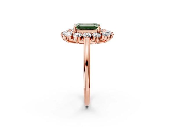 Rose gold Fancy Green Emerald Cut Halo Cluster Diamond Ring with Pave Band and Four-Prong Setting