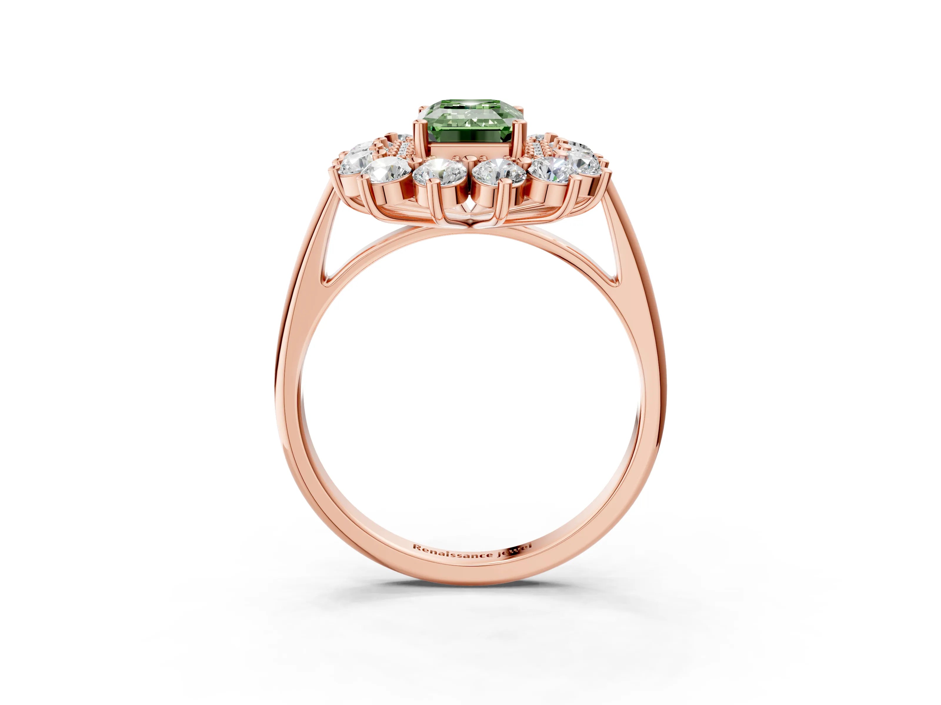 Rose gold Fancy Green Emerald Cut Halo Cluster Diamond Ring with Pave Band and Four-Prong Setting_3