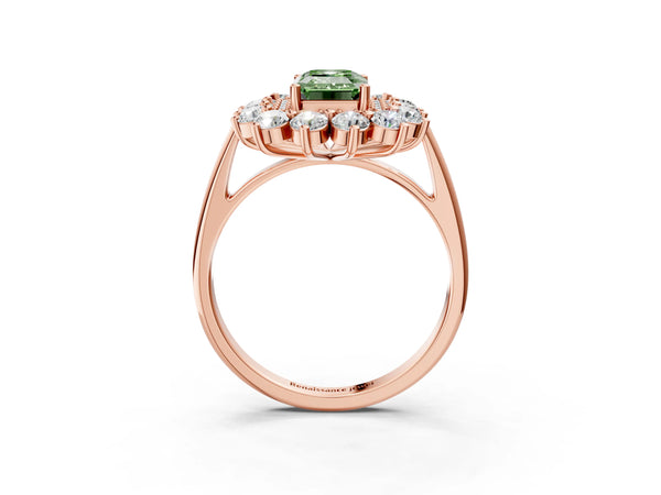 Rose gold Fancy Green Emerald Cut Halo Cluster Diamond Ring with Pave Band and Four-Prong Setting