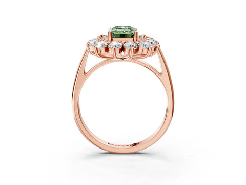 Rose gold Fancy Green Emerald Cut Halo Cluster Diamond Ring with Pave Band and Four-Prong Setting_3
