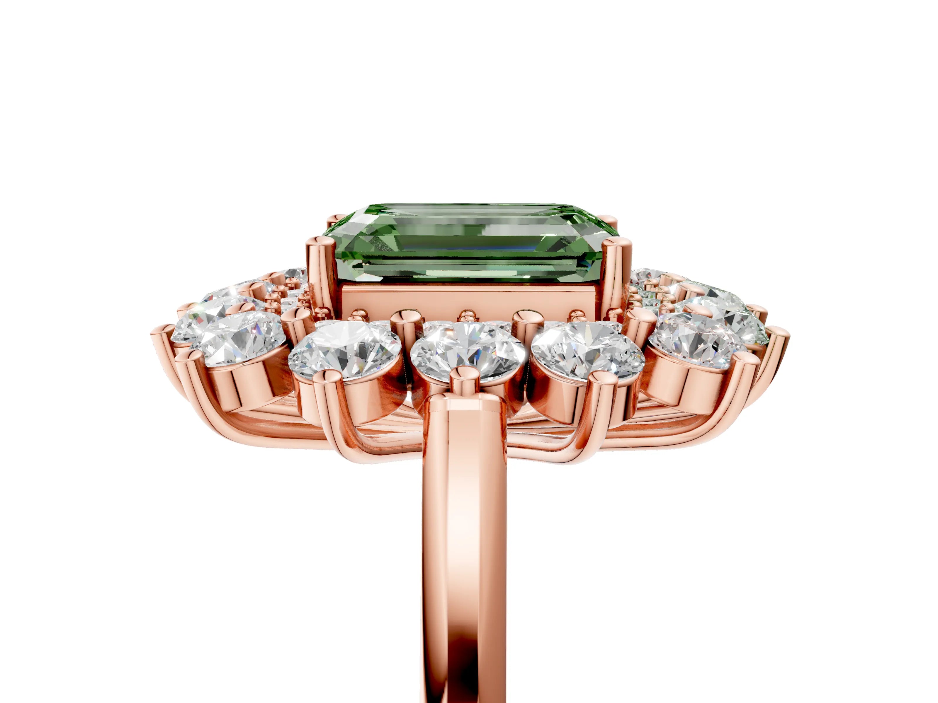 Rose gold Fancy Green Emerald Cut Halo Cluster Diamond Ring with Pave Band and Four-Prong Setting_5