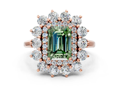 Rose gold Fancy Green Emerald Cut Halo Cluster Diamond Ring with Pave Band and Four-Prong Setting
