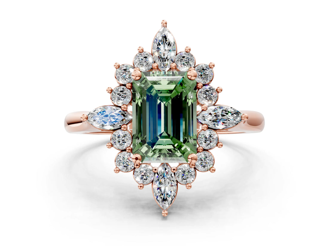 Rose gold Fancy Green Emerald Cut Halo Diamond Cluster Ring with Marquise and Round Stones on a White Gold Band with Prong Setting